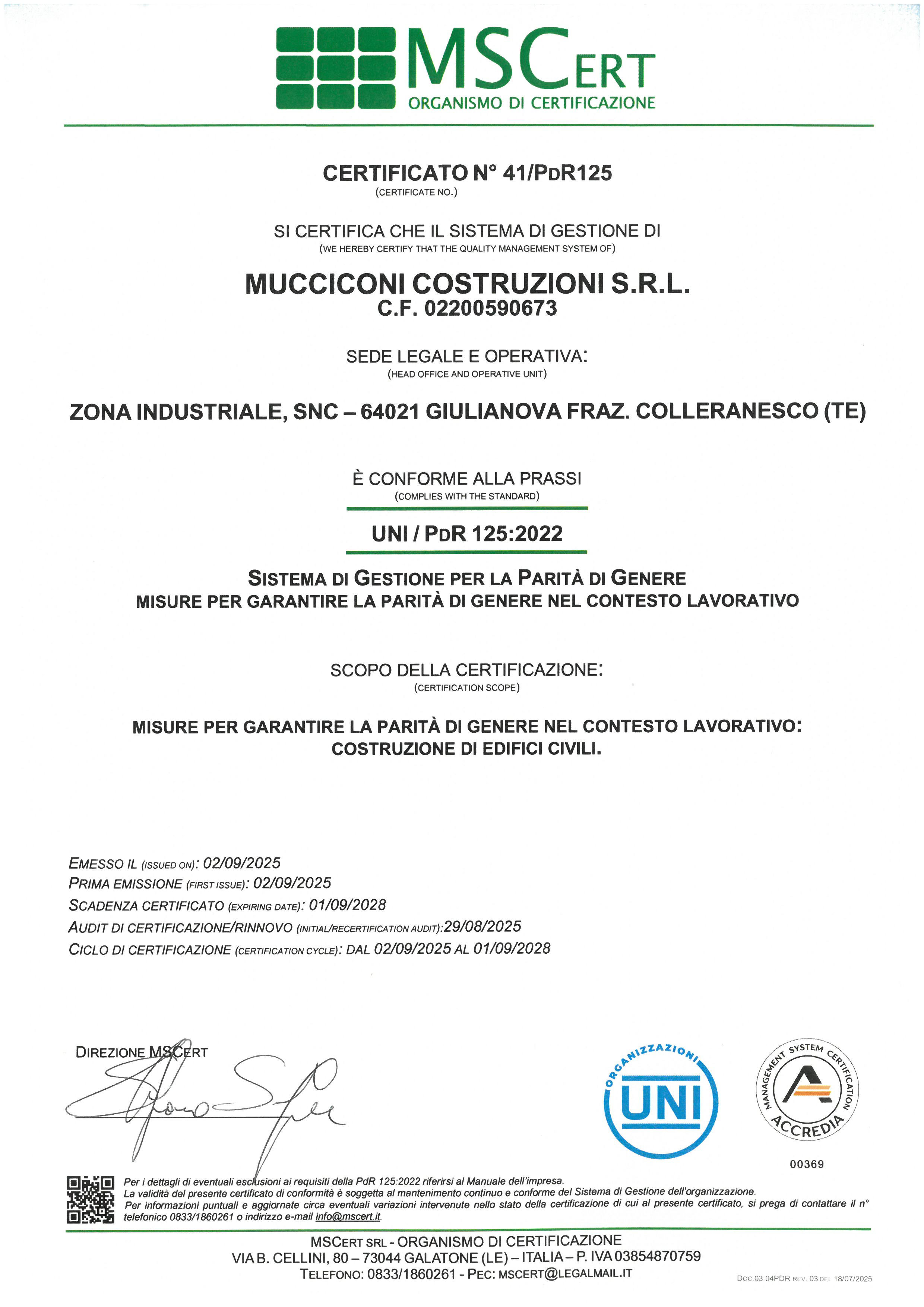 Certificazione Parità di Genere UNI/PdR 125 Mucciconi Costruzioni