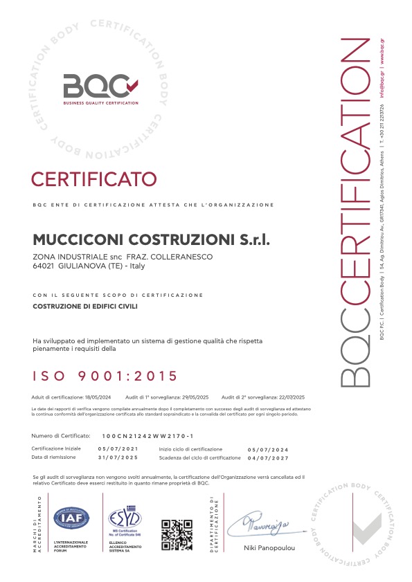Certificazione Qualità ISO 9001 Mucciconi Group Giulianova